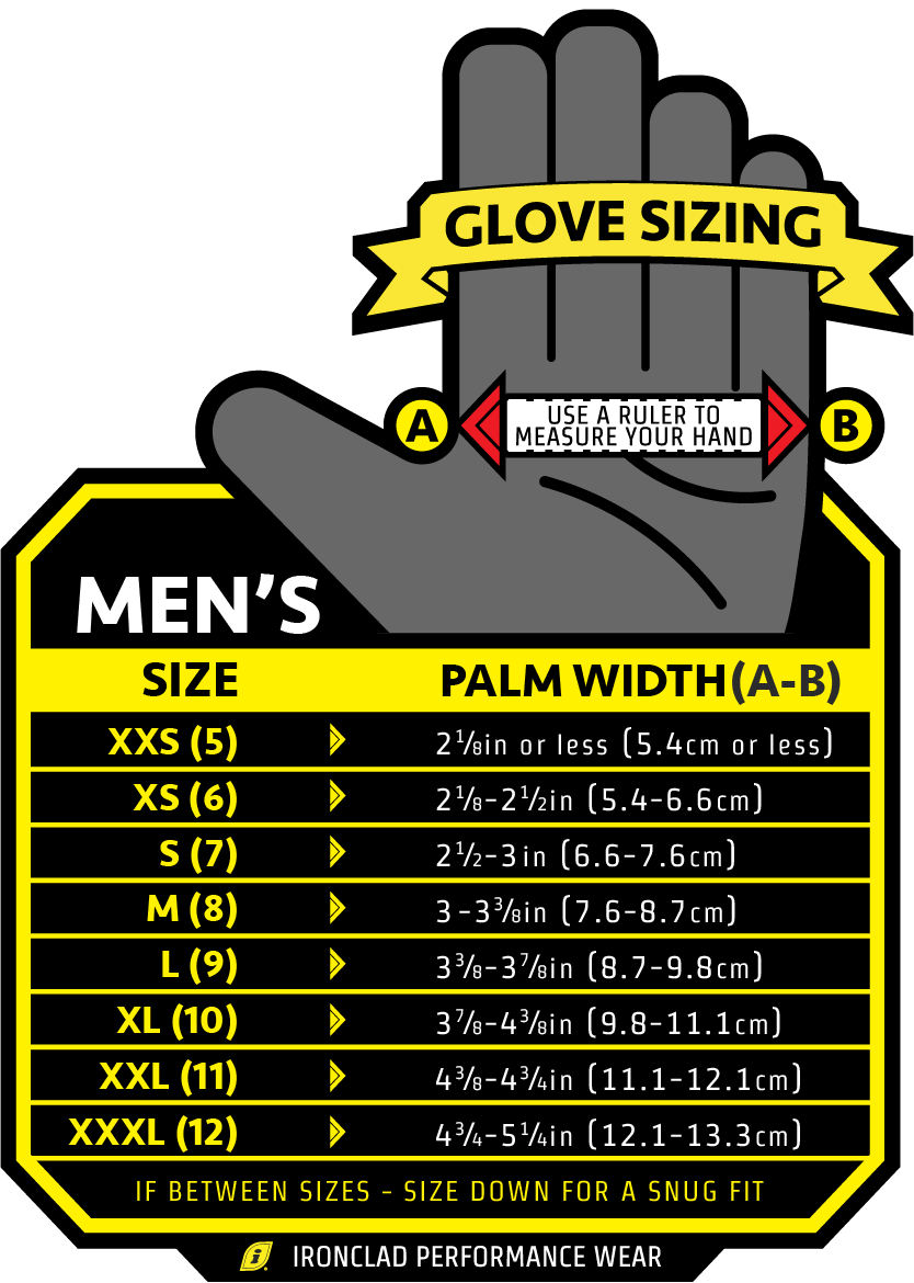 Ironclad men’s glove size chart showing palm width and sizes XXS through XXXL